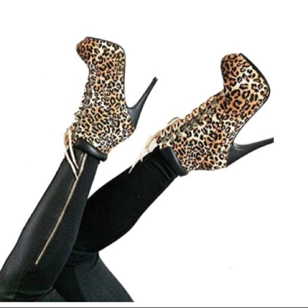 Leopard Print Stiletto Lace Up Combat Boots
